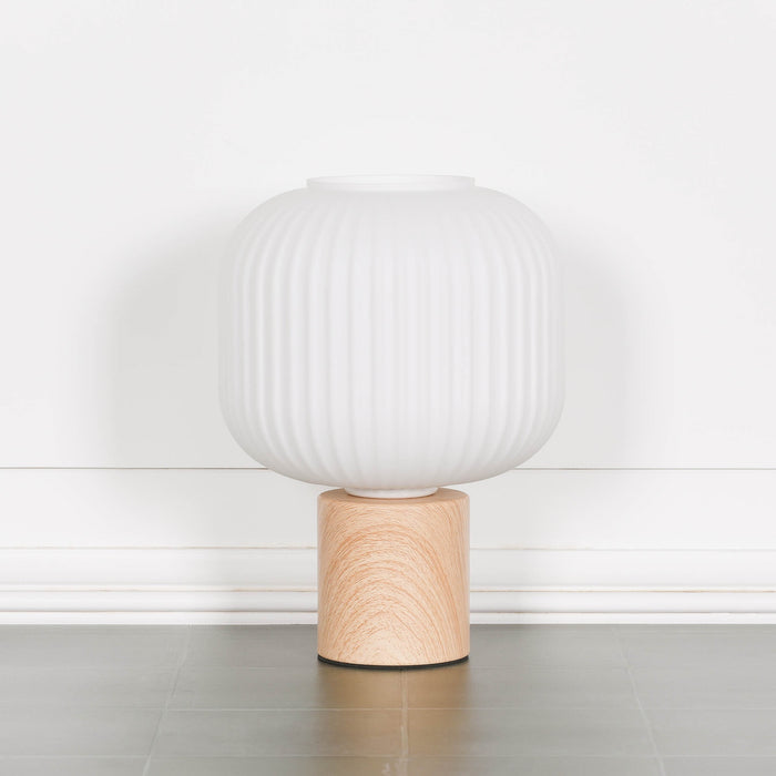 Ribbed Glass Shade Table Lamp With Wooden Style Base