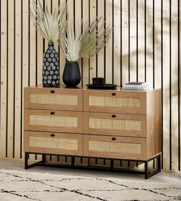 Padstow Oak Rattan 2 Drawer Wood Bedside Table